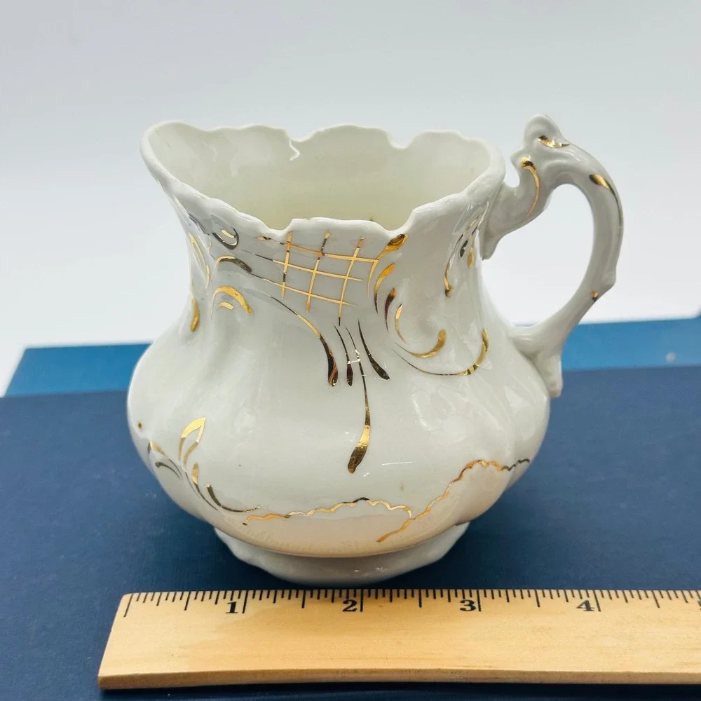 Dresden Vintage Porcelain Creamer Gold Gilt Filigree Scalloped White Pitcher